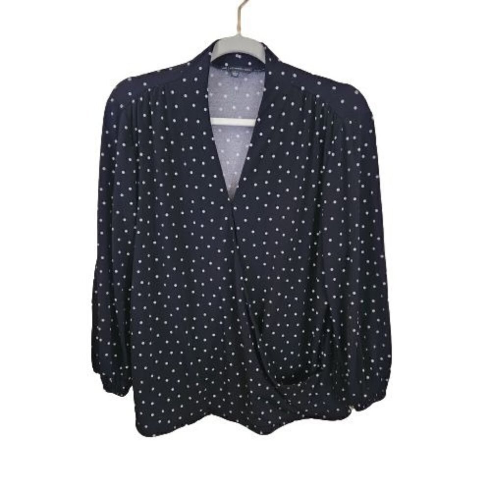 Adrianna Papell Black White Polka Dots Faux Wrap Blouse Size L
